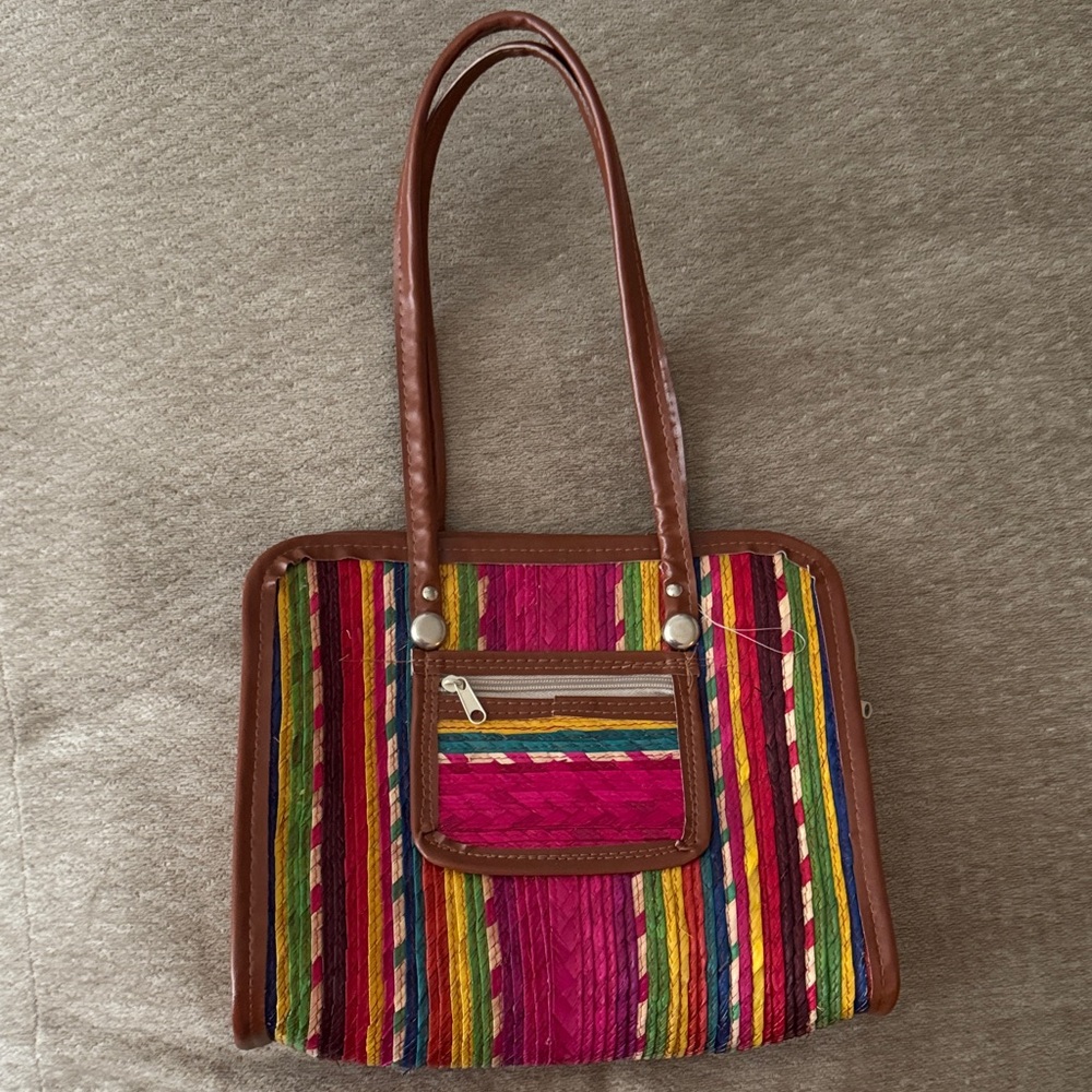 Colorful Striped Handbag with Brown Trim - Multicolor Women's Tote